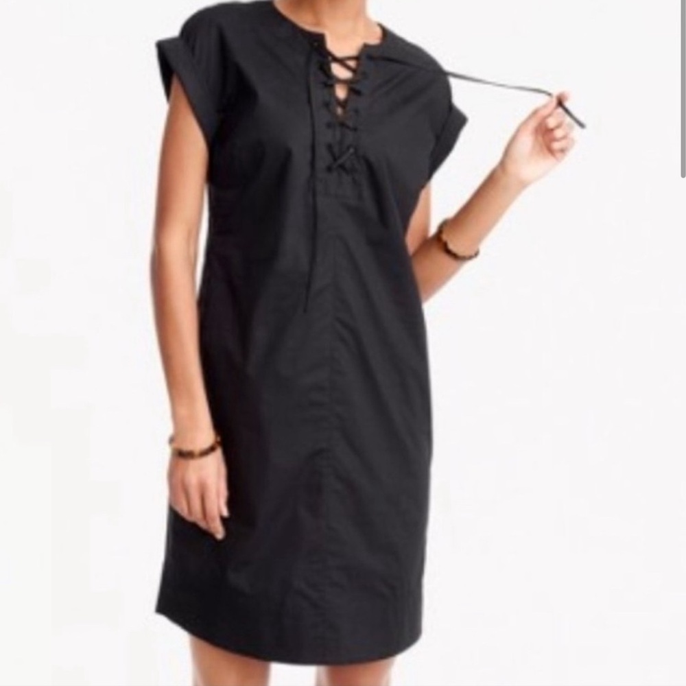 J.Crew Classic Lace-Up 100%Cotton Shirt Dress in Black Size Small Knee Length